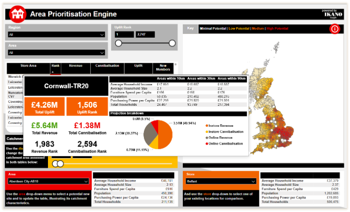 Quantify the potential sales revenue from every area of the country, of a new store opening in any location of your choice.